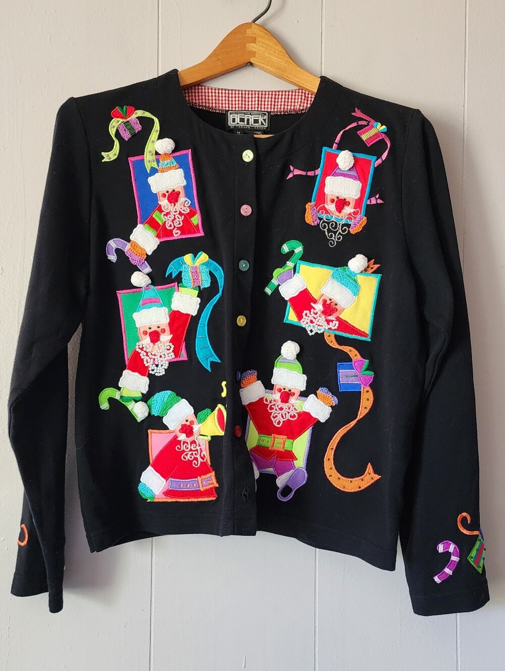 Vintage Ugly Christmas Sweater Medium Santa Patches Beaded Button Cardigan